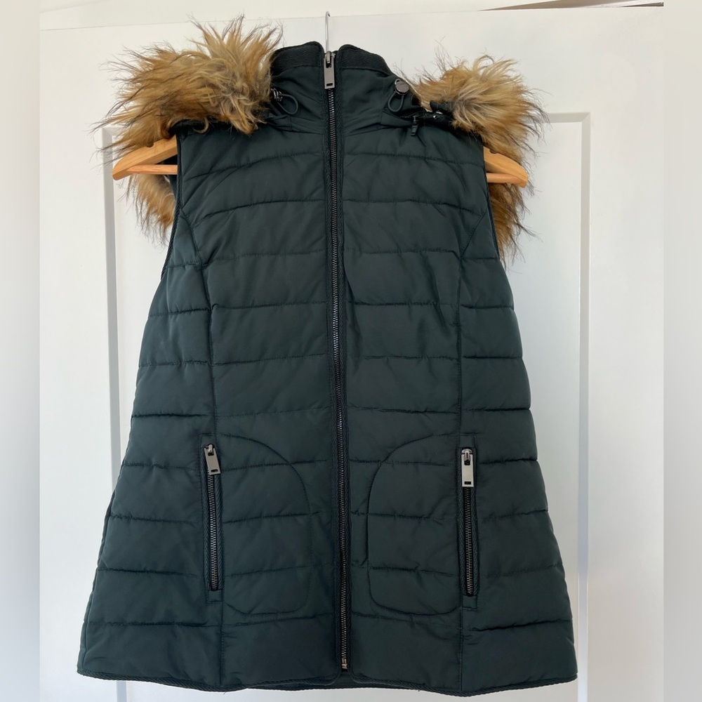 Dark Green Esprit Puffer Vest with Detachable Faux Fur Hood